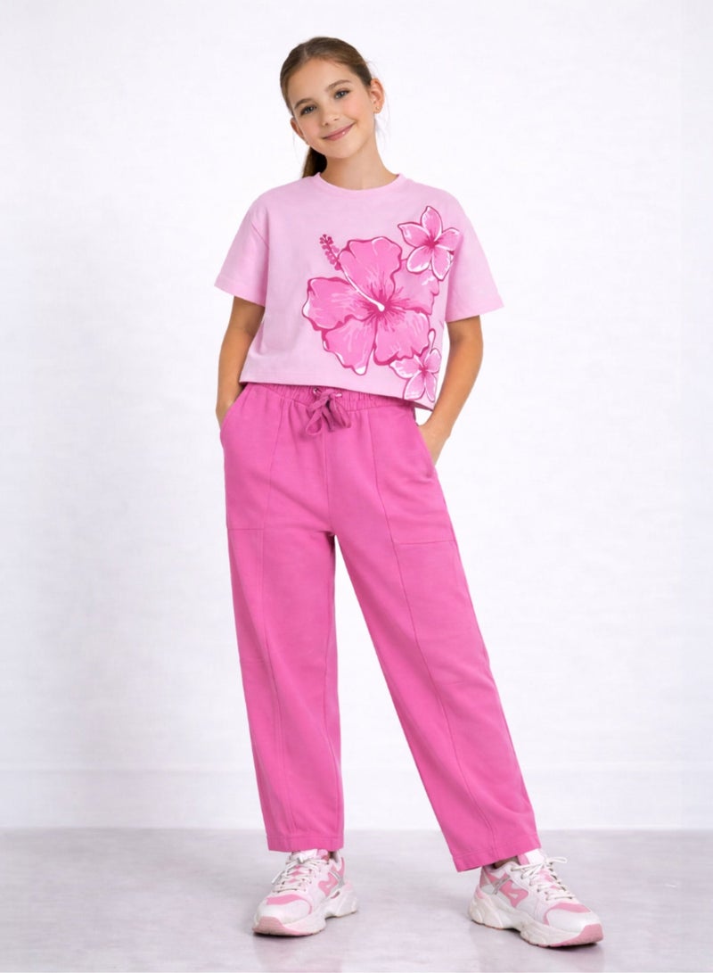 victor and jane Girls 2 Pc Set Floral Print Top & Barrel Pants Set – Light Pink & Pink - Image 1
